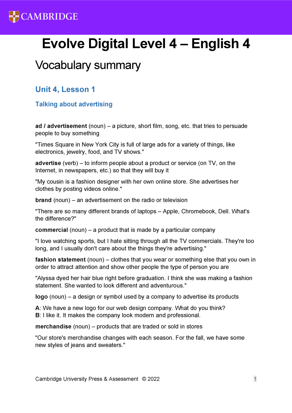 Unit 4 - E4 - Vocabulary - ingless - Cambridge University Press ...