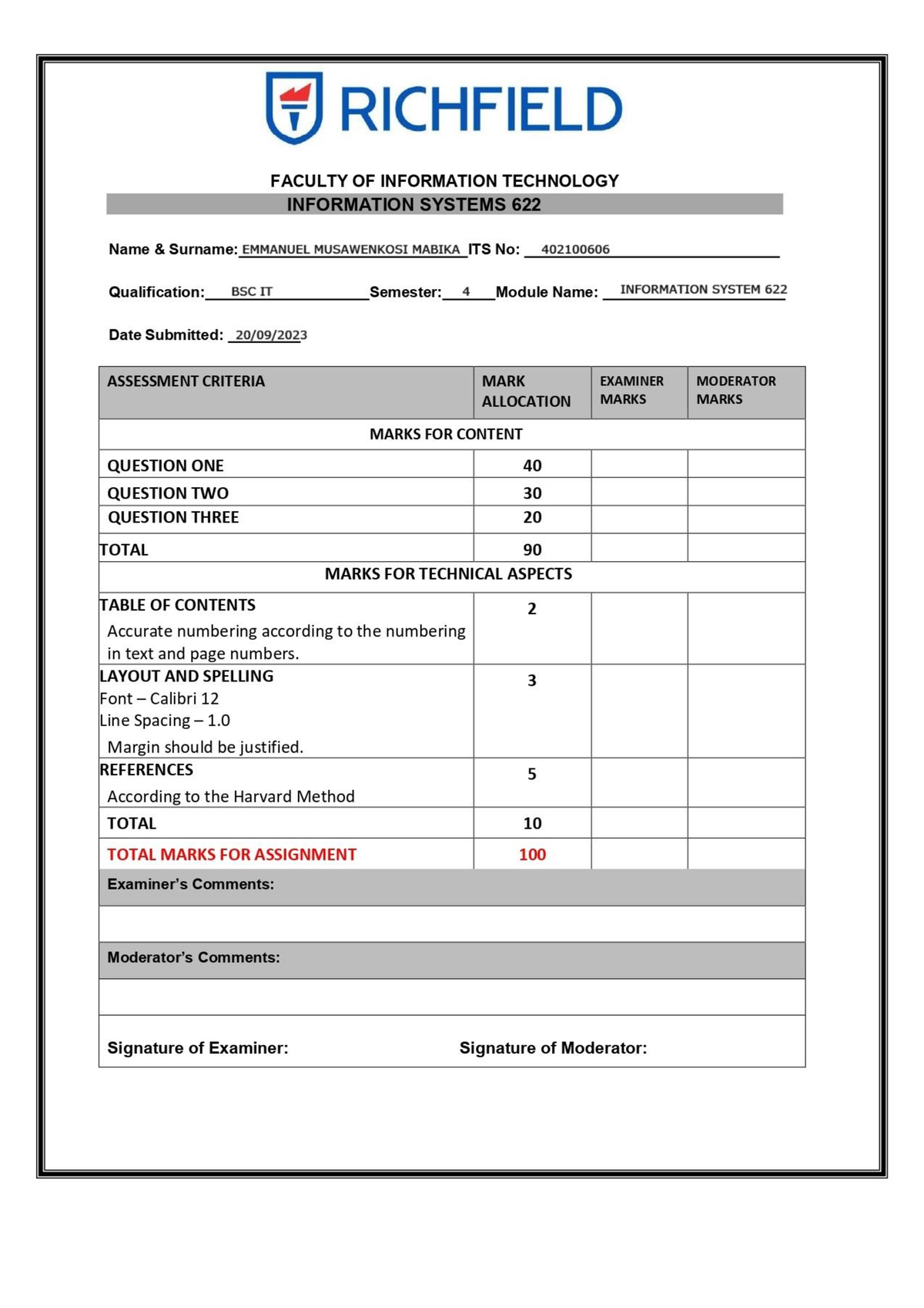 Information Systems 622 - Table of contents Cover page Page 1 - Table ...