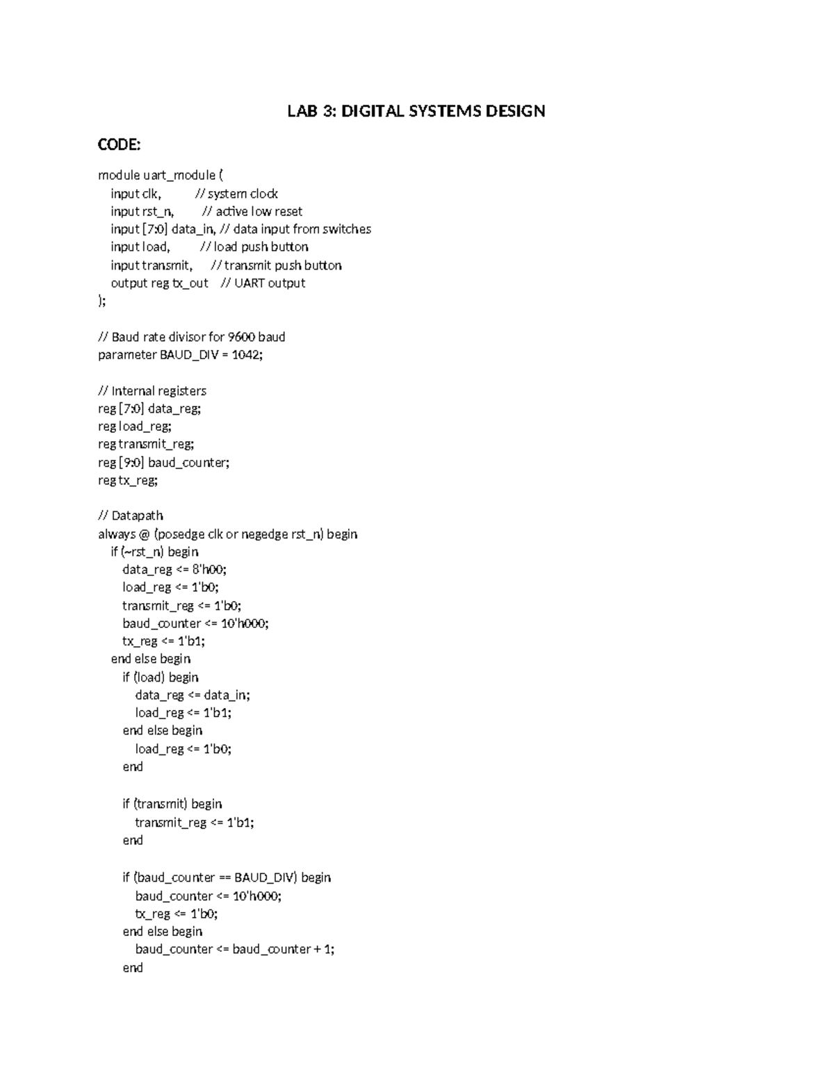 Electrical Engineering - LAB 3: DIGITAL SYSTEMS DESIGN CODE: module ...