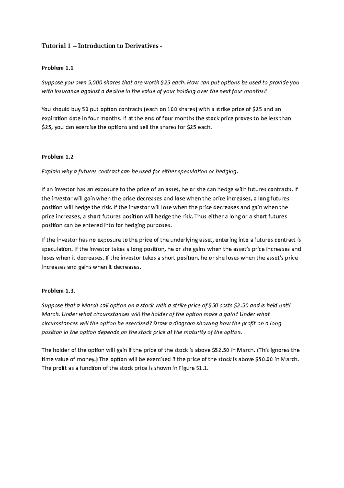 BAFI1026 Tutorial 1 Solution - Tutorial 1 – Introduction to Derivatives ...