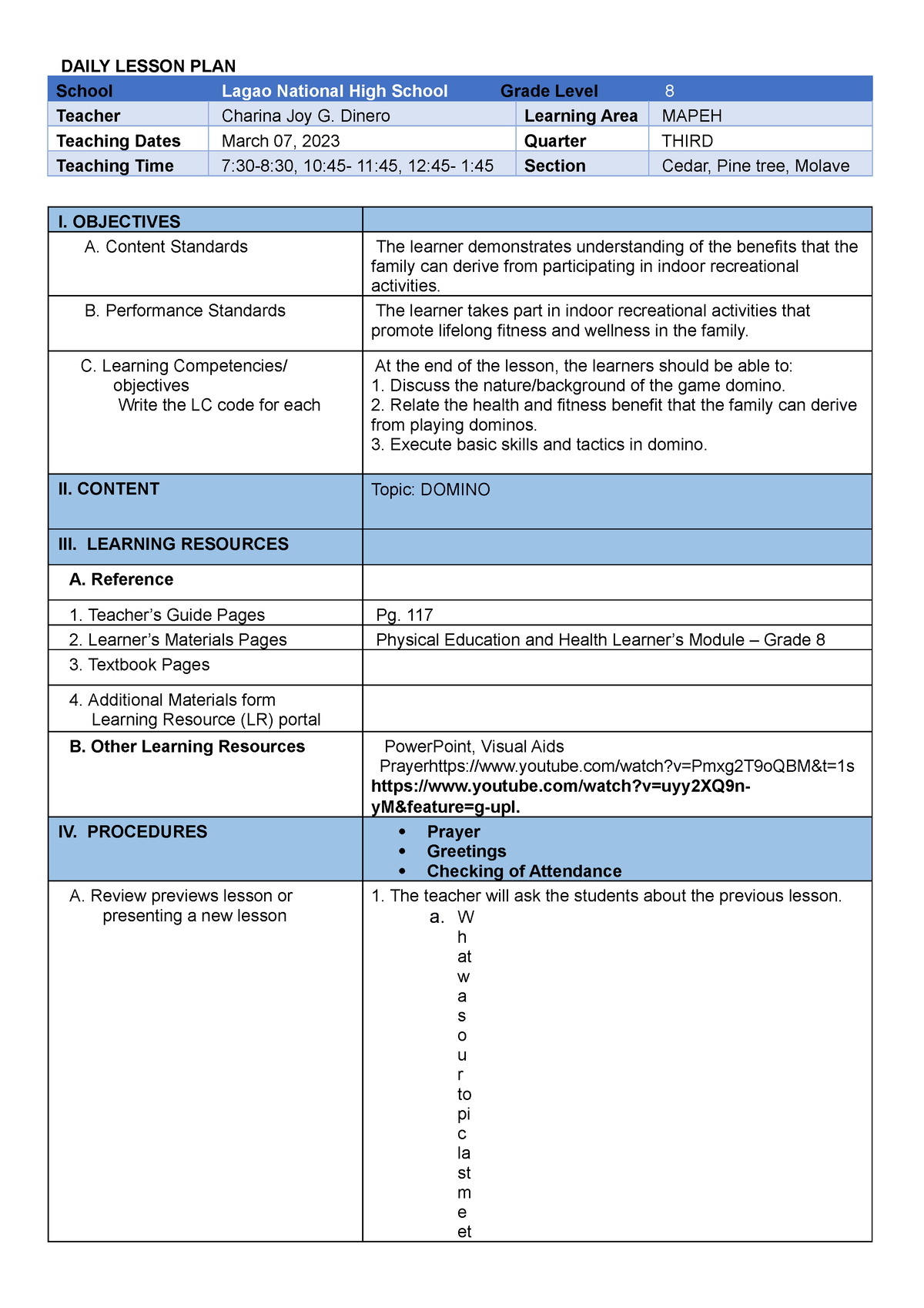 LP PE Domino G8 - lesson plan - DAILY LESSON PLAN School Lagao National ...