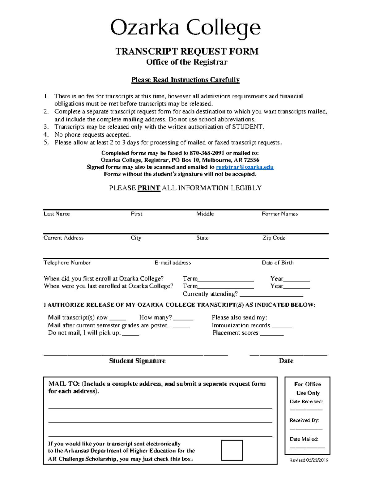 Transcript Request form OC 2019 - MAIL TO: (Include a complete address ...