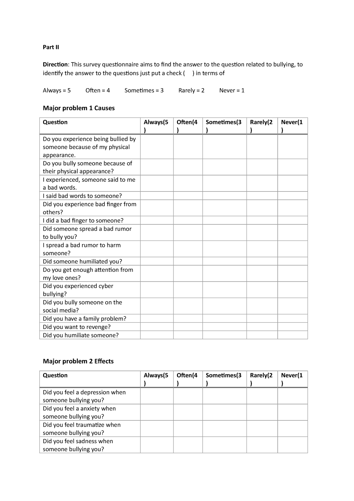 Survey- Questionnaire - Part II Direction: This survey questionnaire ...