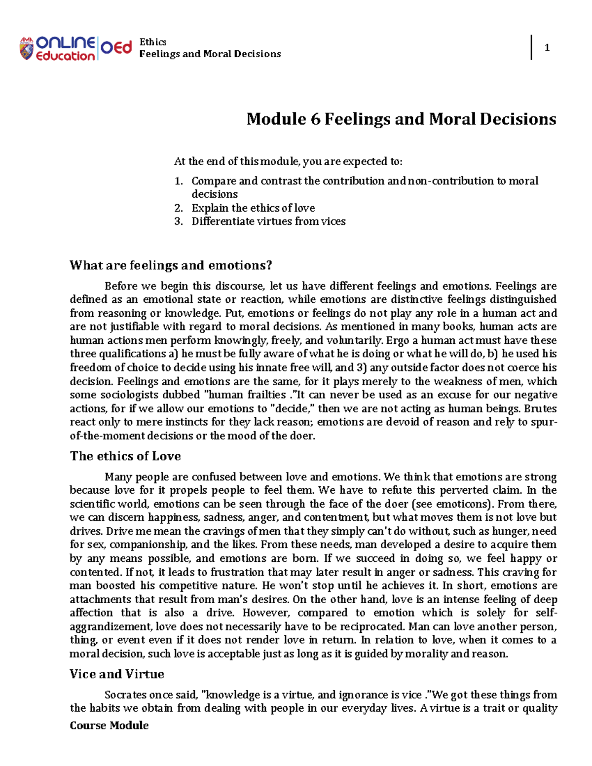 Module 6 Feelings and Moral Decisions - Ethics Feelings and Moral ...