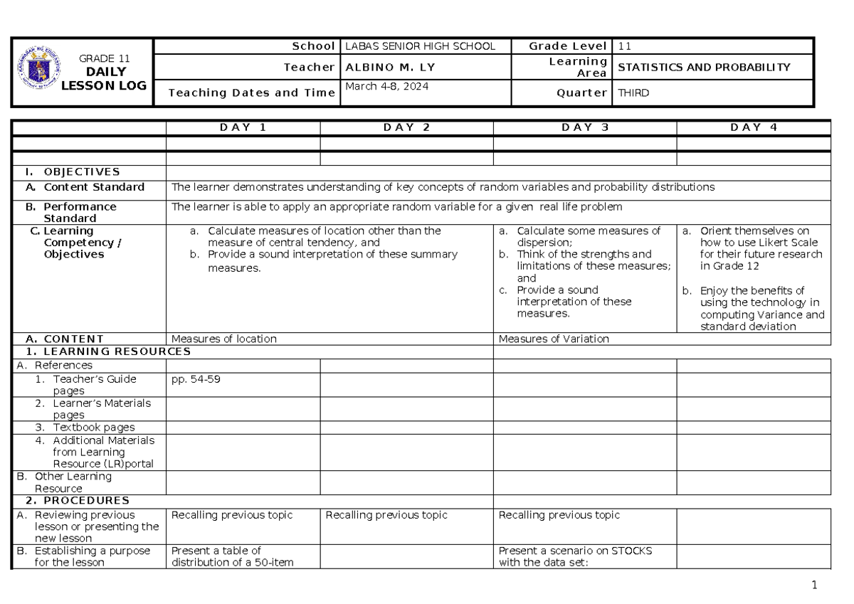 WEEK 6 DLL: Measures of Location - GRADE 11 DAILY LESSON LOG Scho o l ...