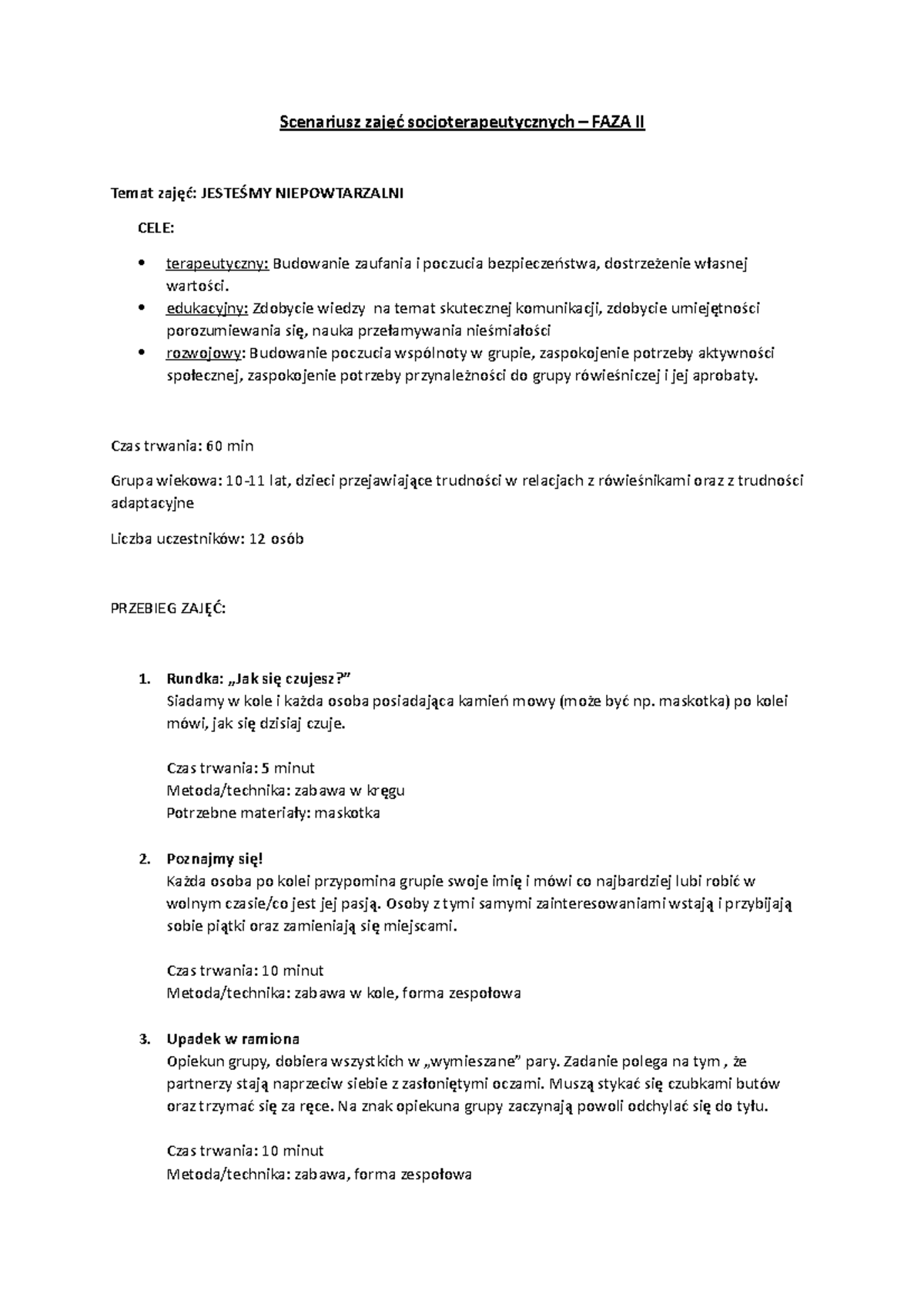 Zajęcia socjoterapeutyczne - faza II - Scenariusz zajęć