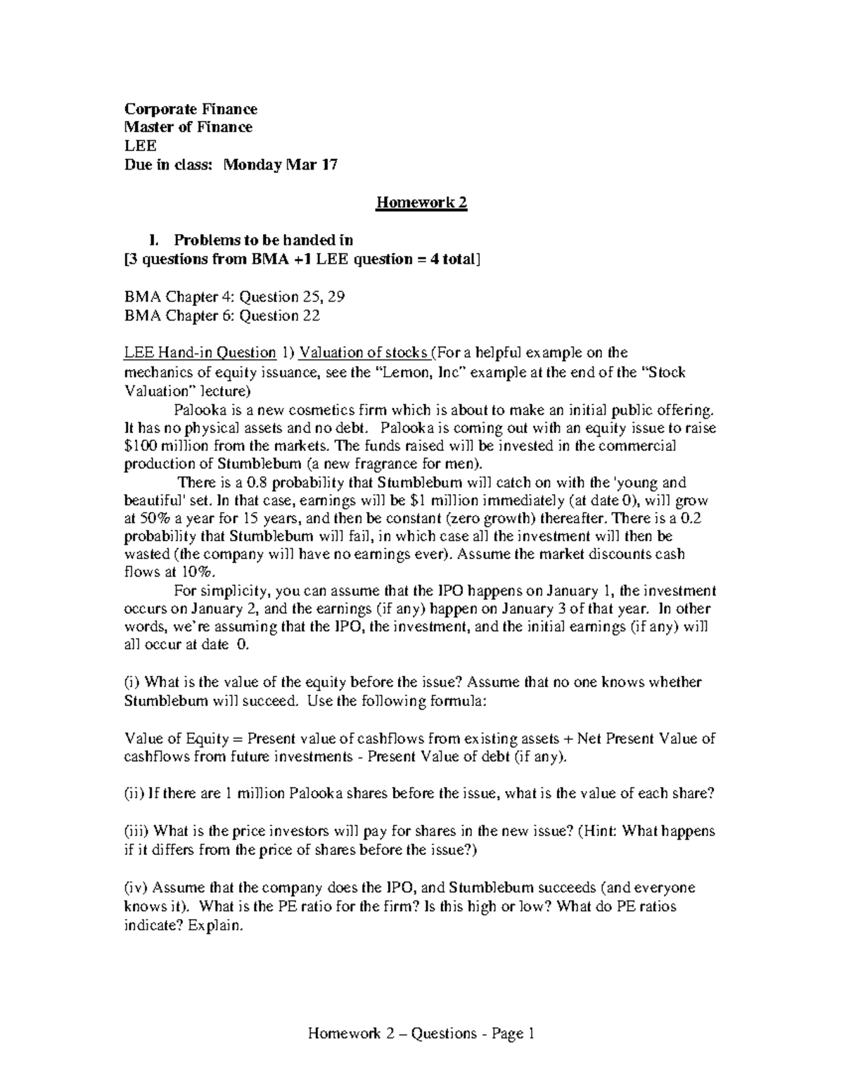 Homework 2 questions - Corporate Finance Master of Finance LEE Due in ...