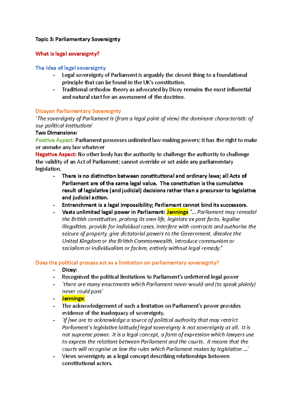 Topic 3 Revision Notes - Topic 3: Parliamentary Sovereignty What Is ...