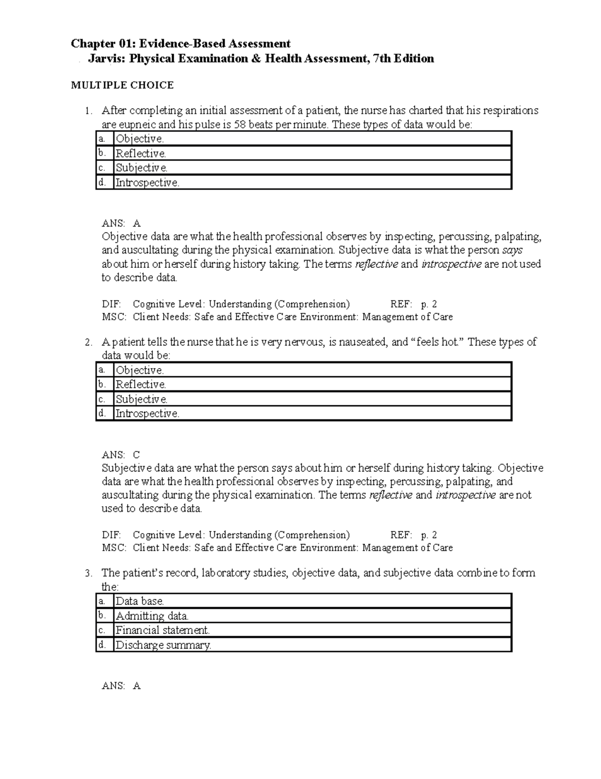 Chapter 1 Exam Bank - Chapter 01: Evidence-Based Assessment Jarvis ...