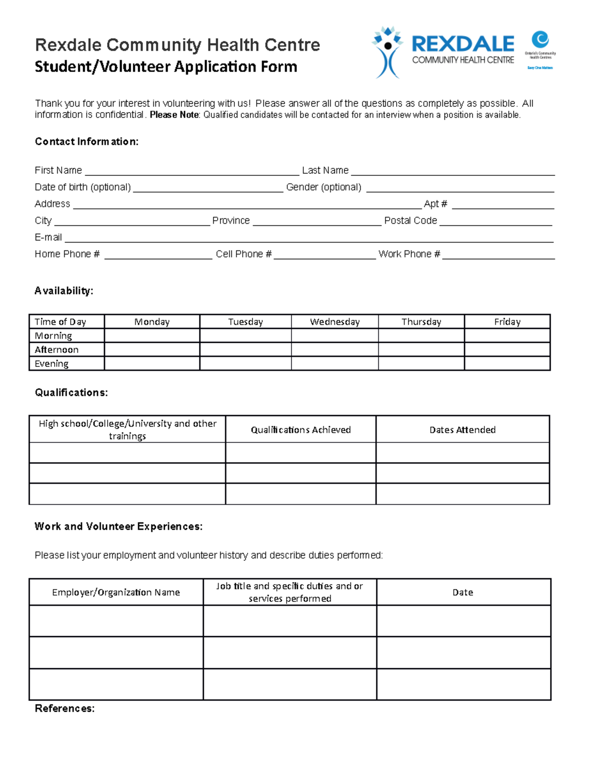 Volunteer Application Form - Rexdale Community Health Centre Student ...