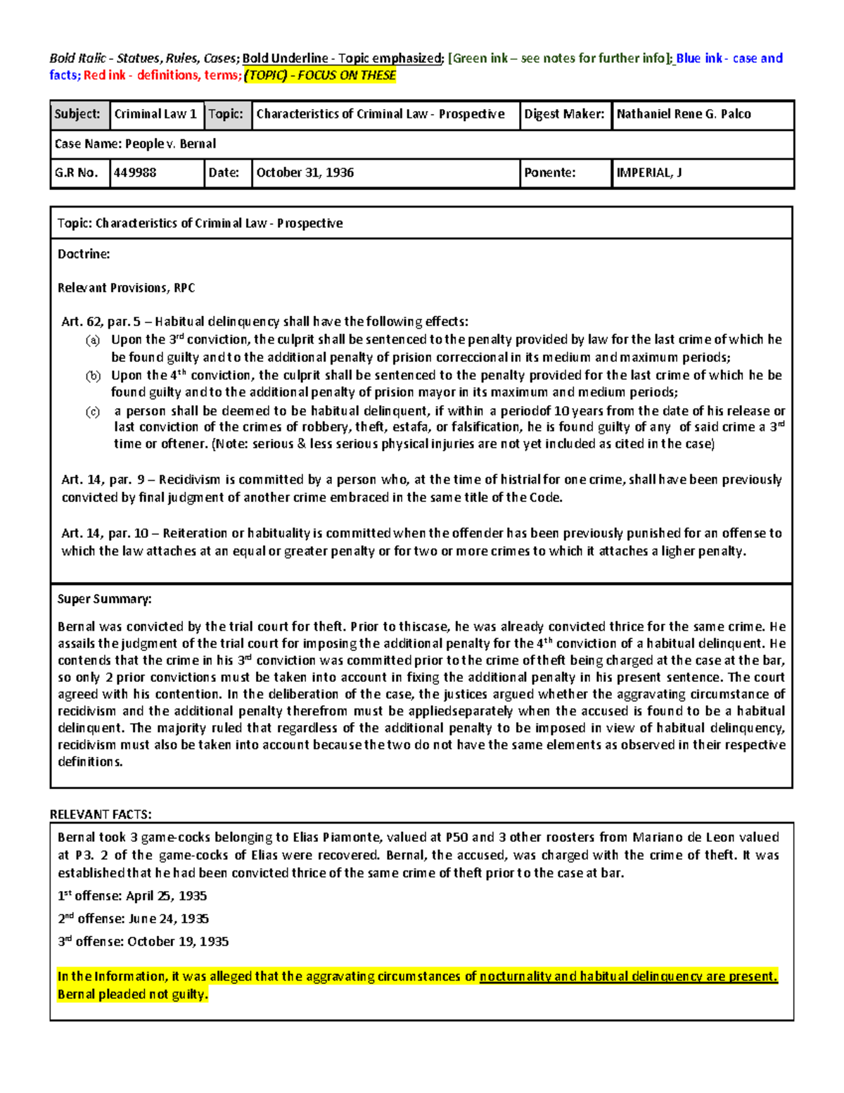 Palco People v. Bernal lecture notes Bold Italic Statues, Rules