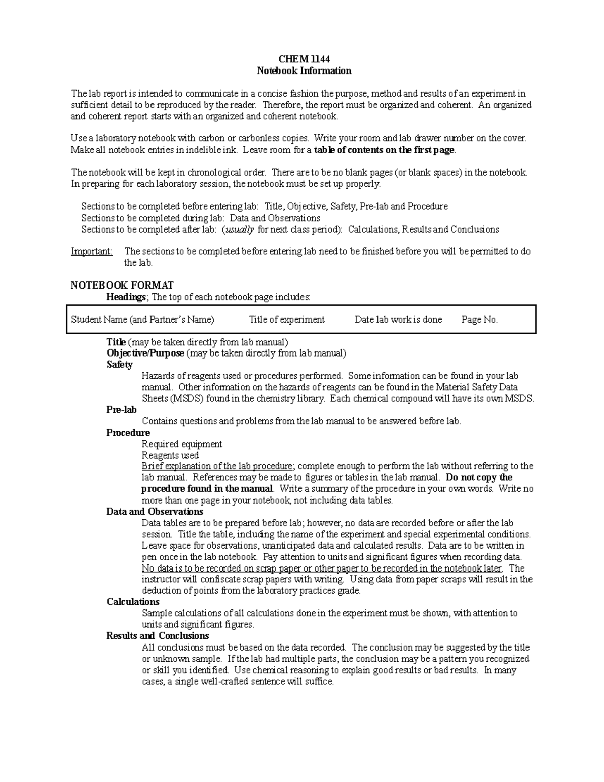 CHEM LAB Notebook Steps CHEM 1144 Notebook Information The lab report