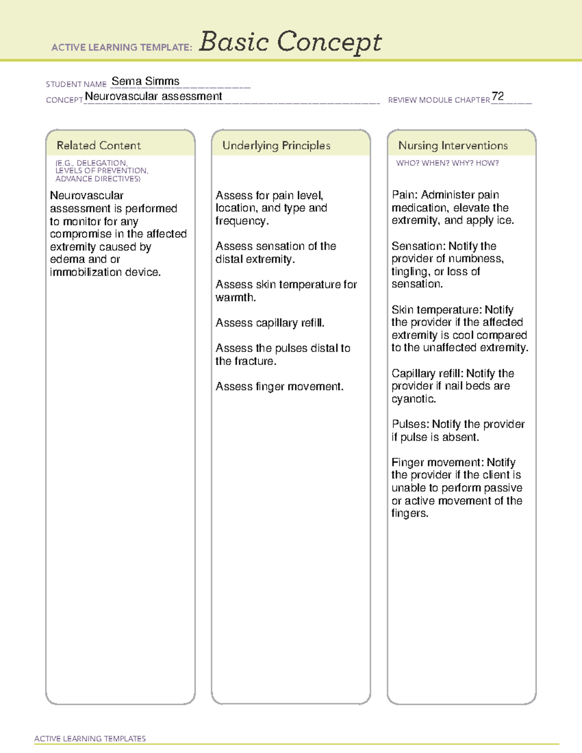 Neurovascular assessment - NUR 224 - ACTIVE LEARNING TEMPLATES Basic ...