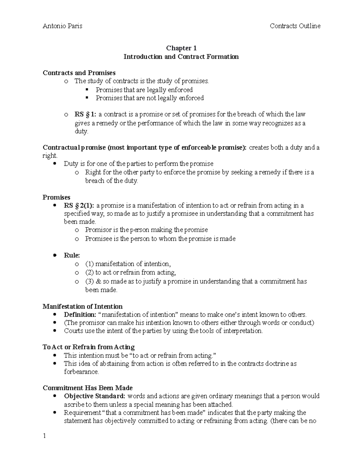 Contracts Outline Final - Chapter 1 Introduction And Contract Formation ...