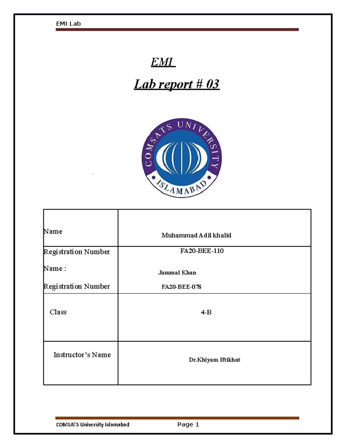 EMI labreport 3 roll no 110 and 078 - EMI Lab EMI Lab report # 03 ...
