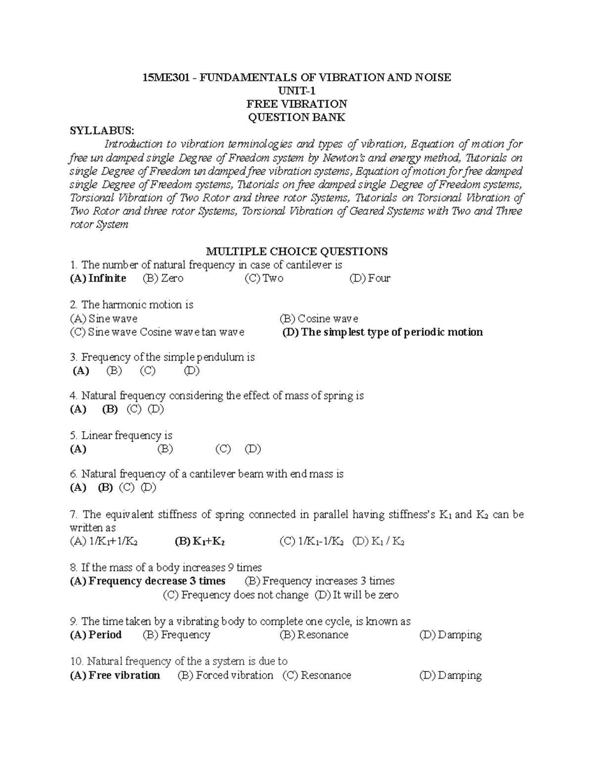 Unit 1 FVN QB - 15ME301 FUNDAMENTALS OF VIBRATION AND NOISE FREE ...