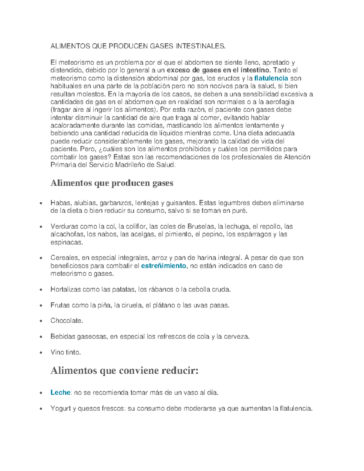 Dieta para los gases intestinales