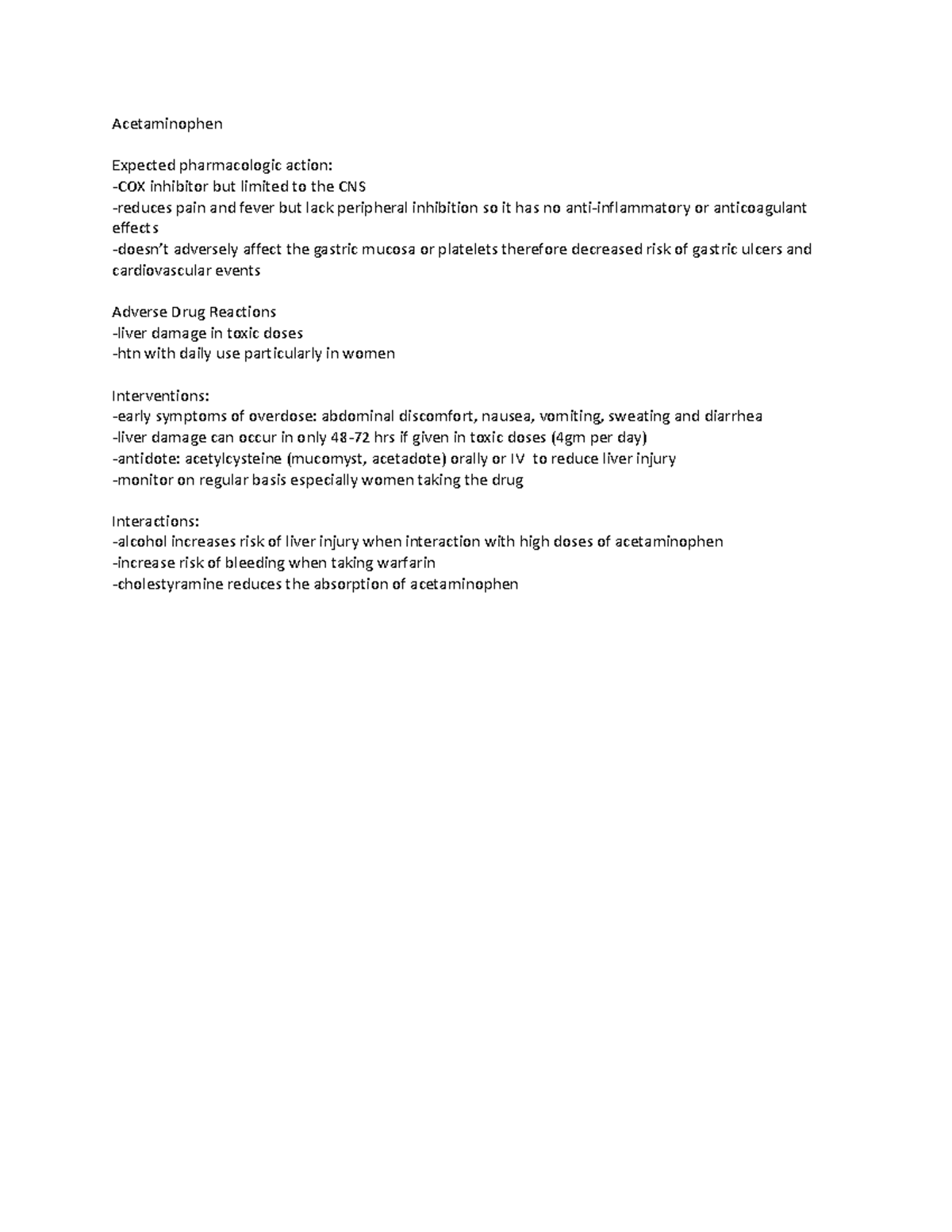 MEDS FOR PAIN AND Inflammation Acetaminophen Expected pharmacologic