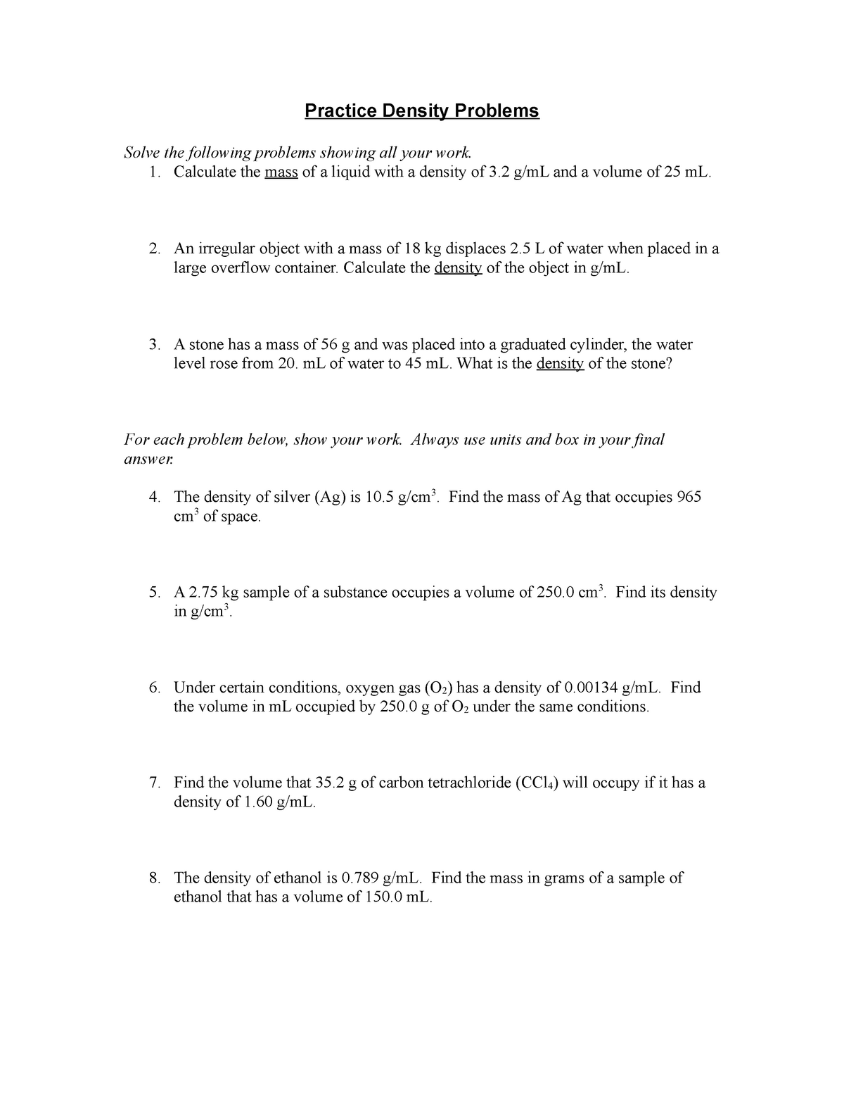 Density - CHM20 - General Chemistry and Qualitative Analysis With Density Practice Problem Worksheet Answers