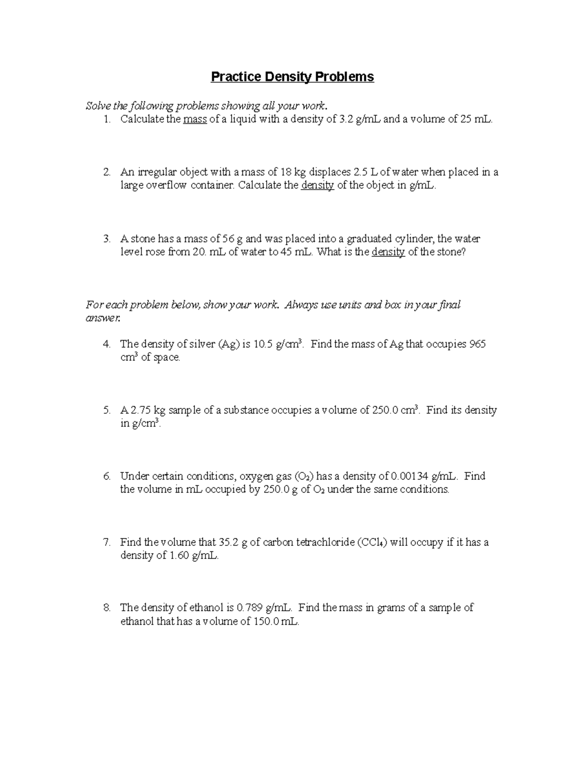 Density - CHM22 - General Chemistry and Qualitative Analysis For Density Worksheet Answer Key