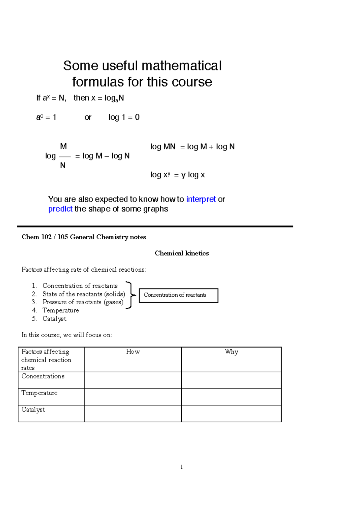 01 Chemical Kinetics - CHEM 105 Sai Yiu Winter 2018 - Some Useful ...