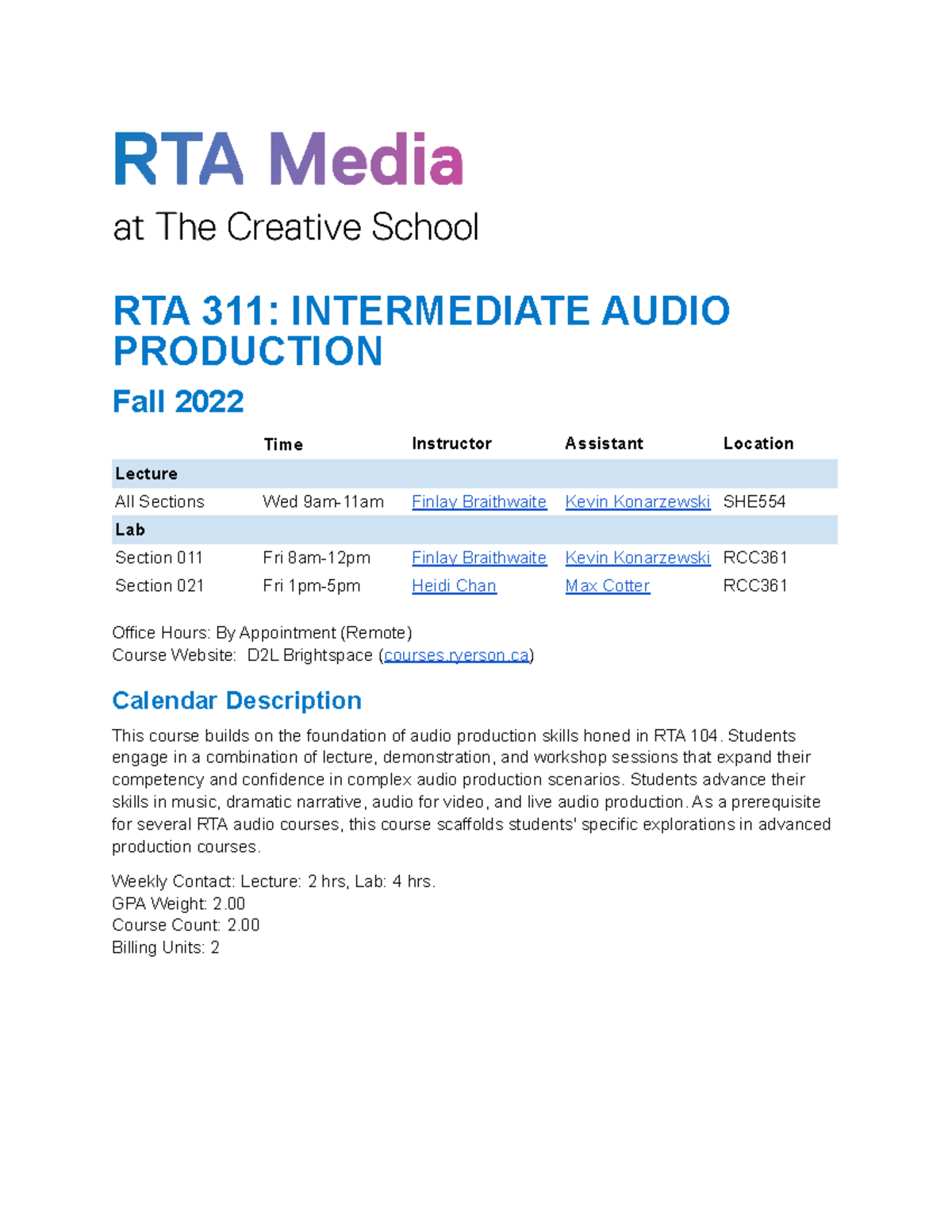 RTA 311 Syllabus - Course Outline For RTA 311 - RTA 311: INTERMEDIATE ...