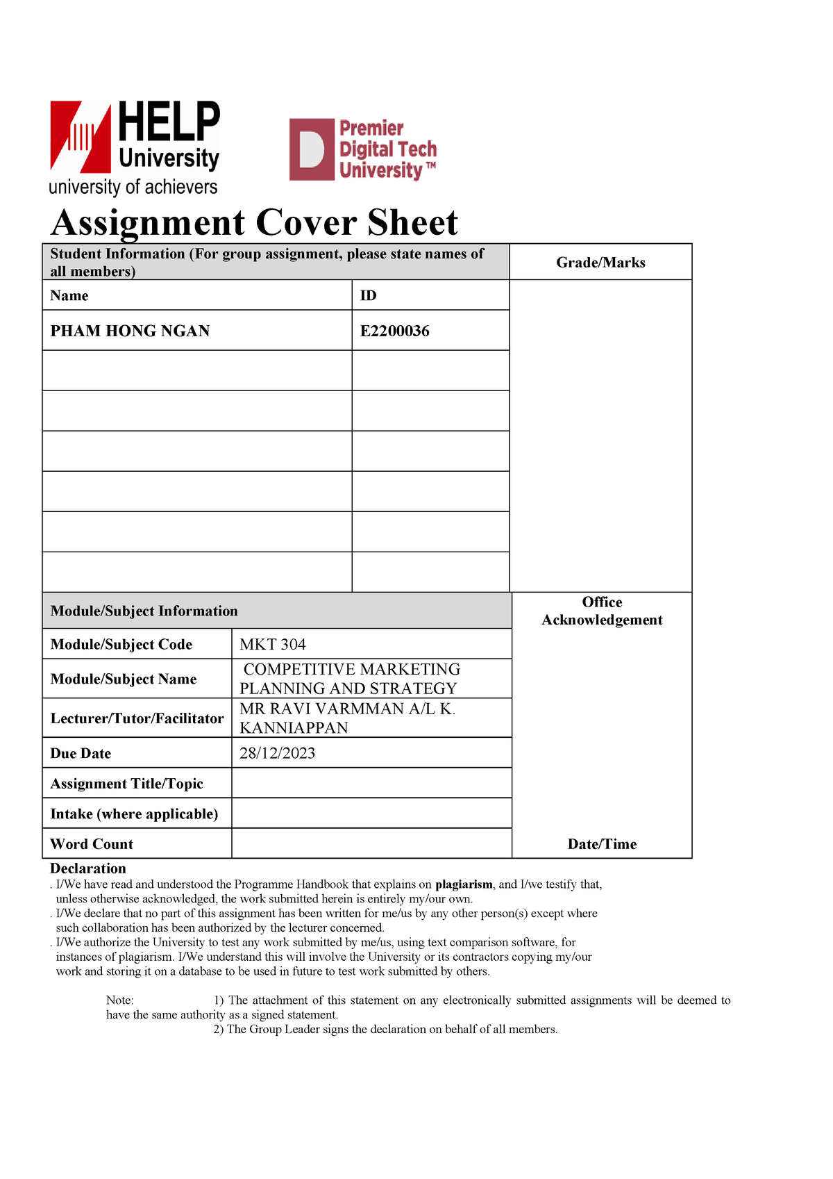 Assignment Cover Sheet - Assignment Cover Sheet Student Information