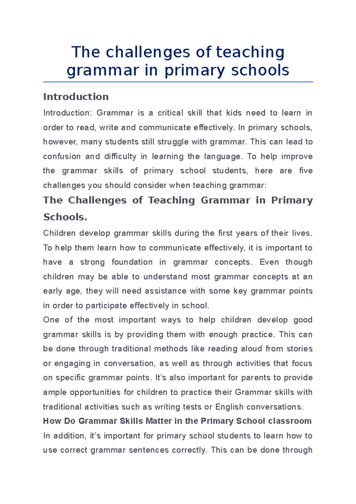 The challenges of teaching grammar in primary schools - The challenges ...