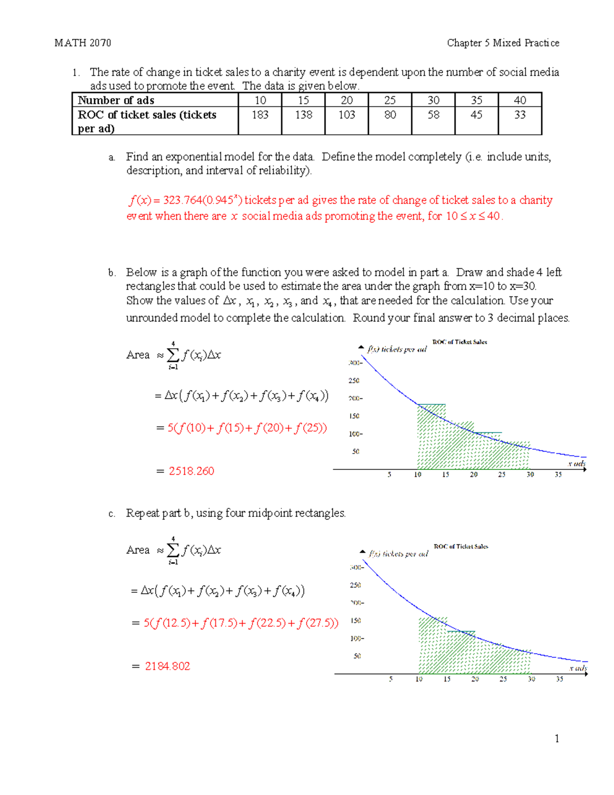 Ch5 Mixed Practice F23 KEY - 1. The rate of change in ticket sales to a ...