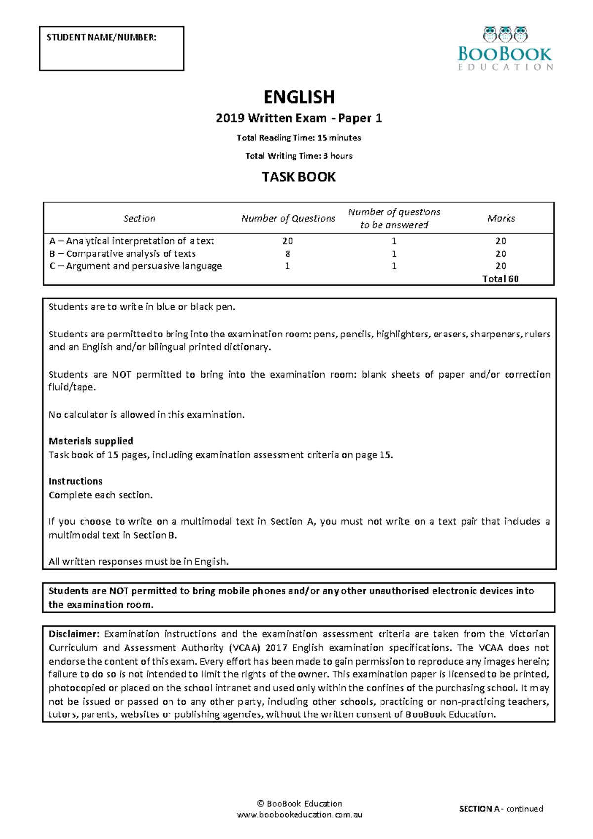 English 2019 Paper 1 - Exam - © BooBook Education Boobookeducation.com ...