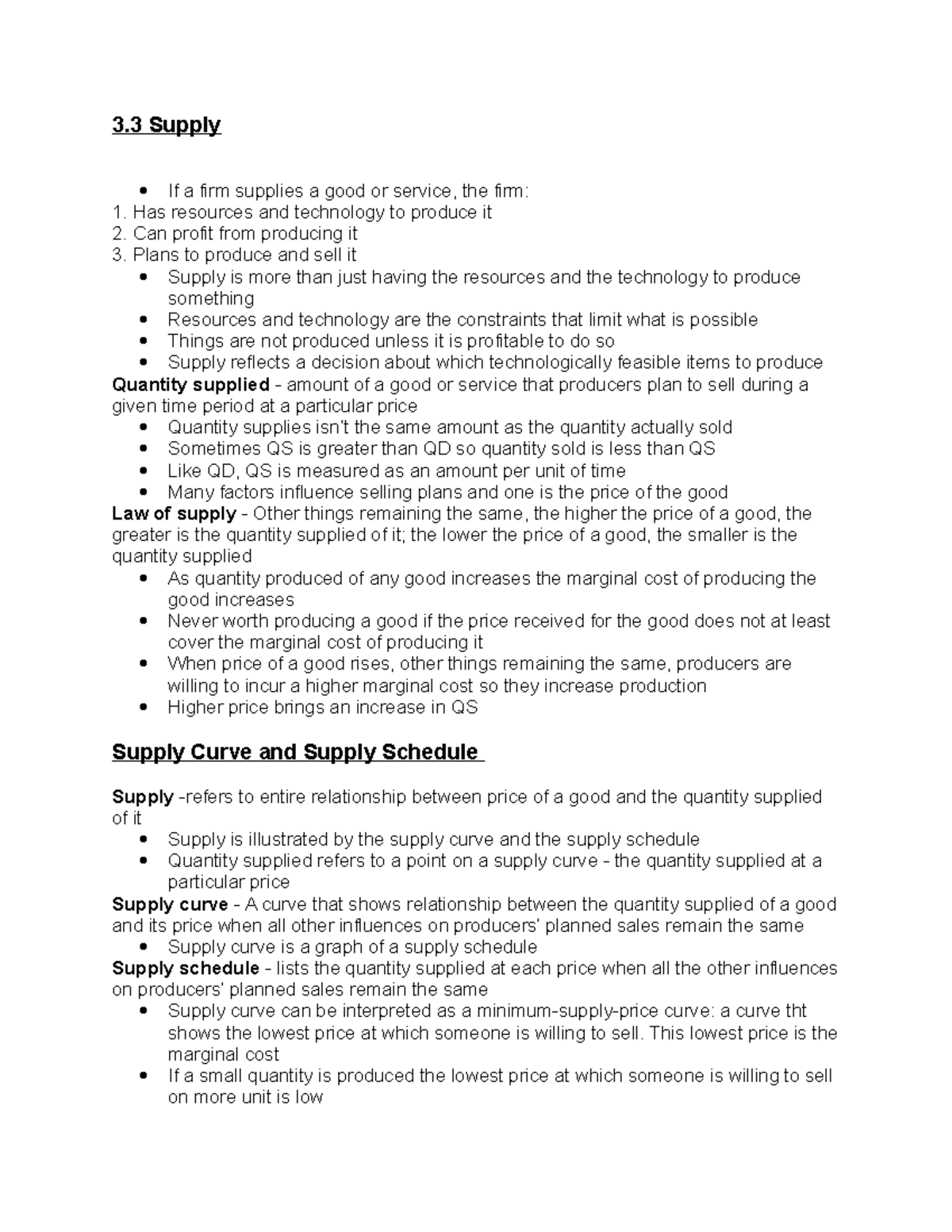 Chapter 3.3 Supply - notes that will help midterm - 3 Supply If a firm ...