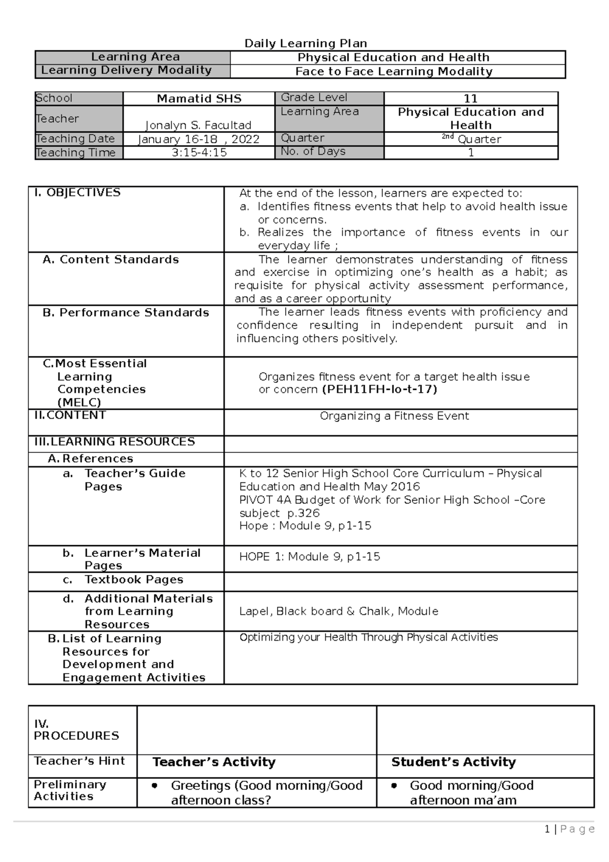 DLP-PE-11 Week 9 - Lesson Plan - Daily Learning Plan Learning Area ...