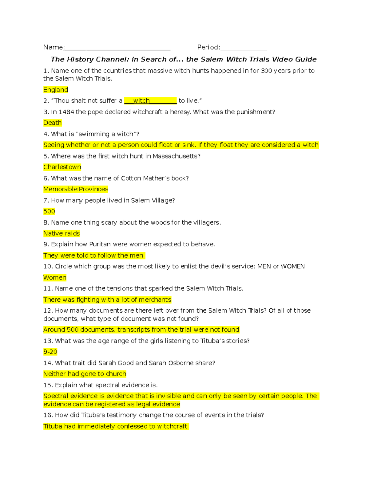 Witch Trials Video Guide History Channel Studocu