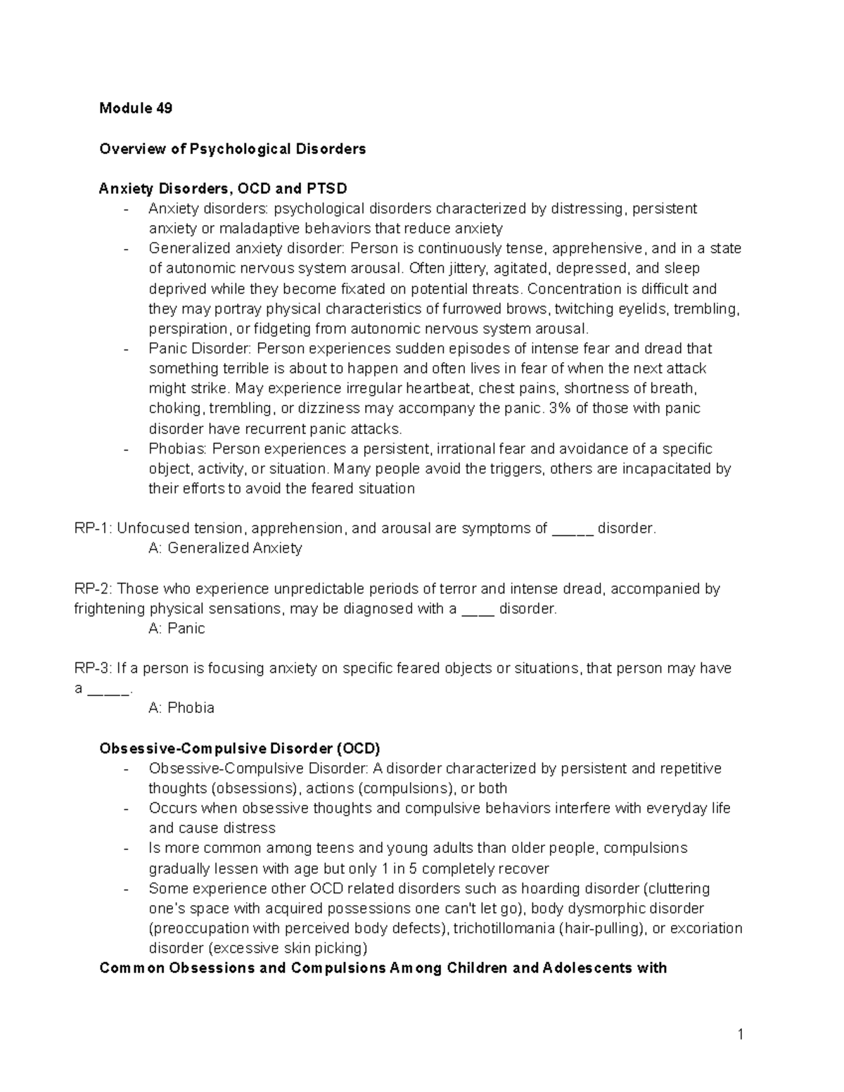 Psych Module 49 - Module 49 Overview Of Psychological Disorders Anxiety ...