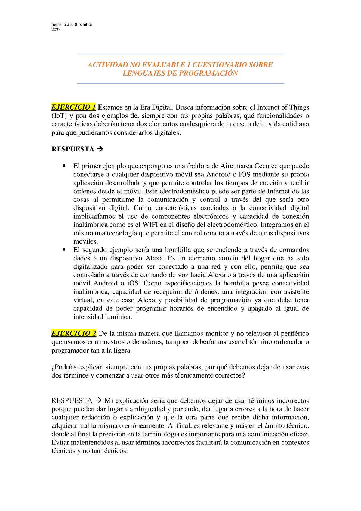 1 - Actividad NO Evaluable 1 Cuestionario Sobre Lenguajes DE ...