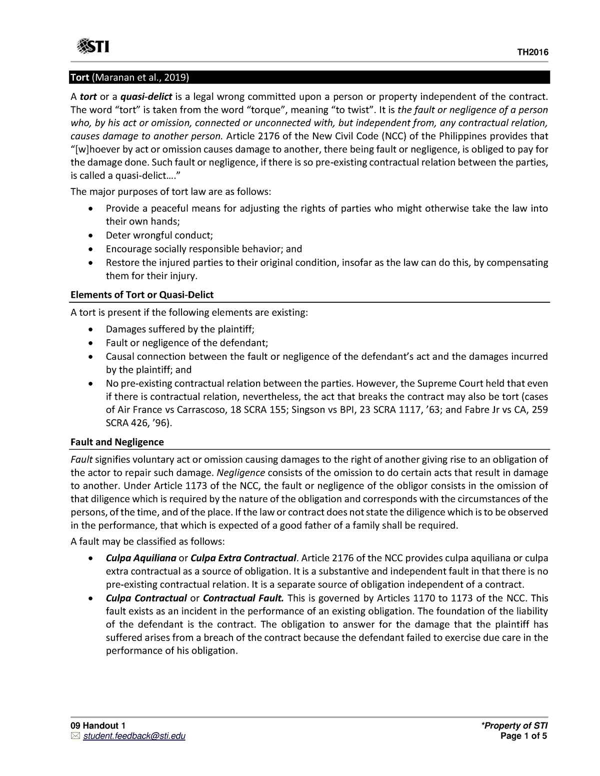 09 Handout 126-1 - Hahaha - 09 Handout 1 *Property of STI Tort (Maranan ...