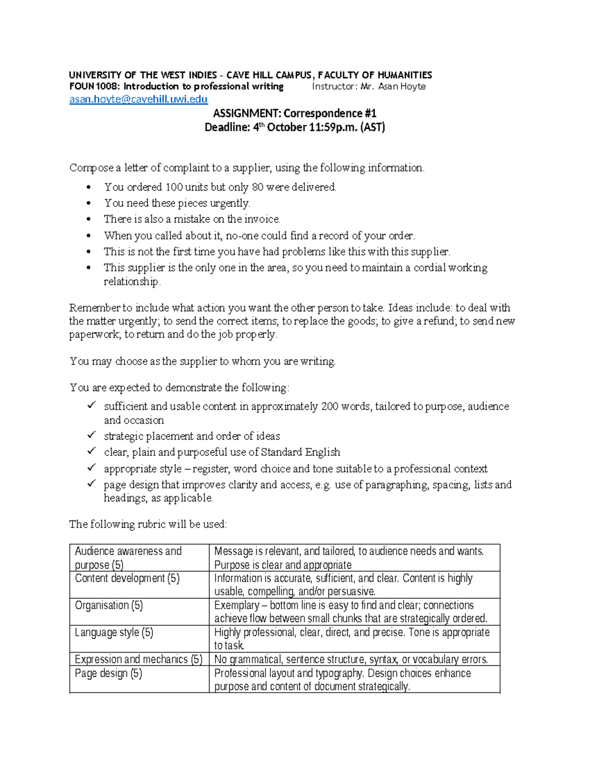 FOUN1008 Assignment 1 Correspondence - UNIVERSITY OF THE WEST INDIES ...