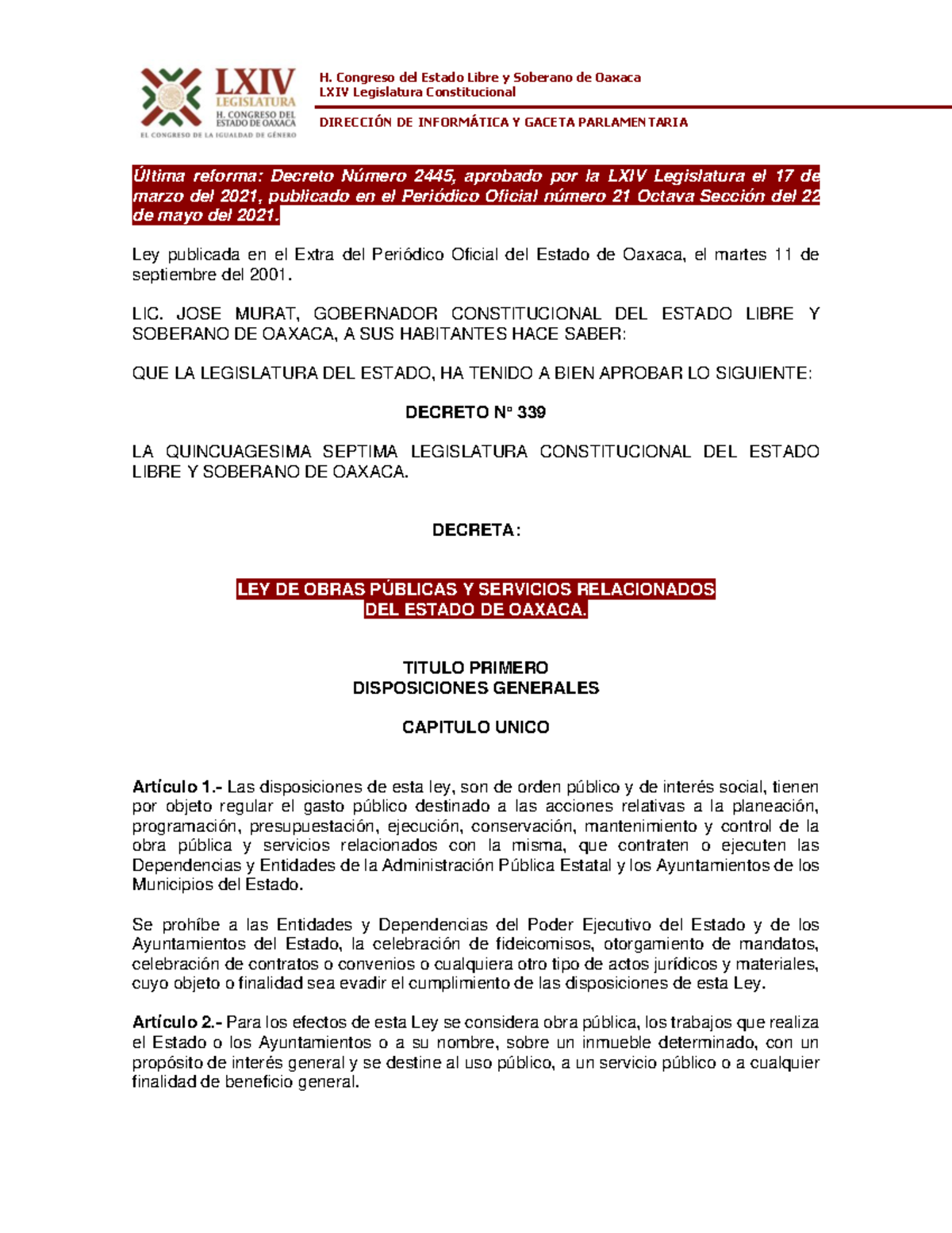 Ley de Obras Publicas y Servicios Relacionados del Estado de Oaxaca 