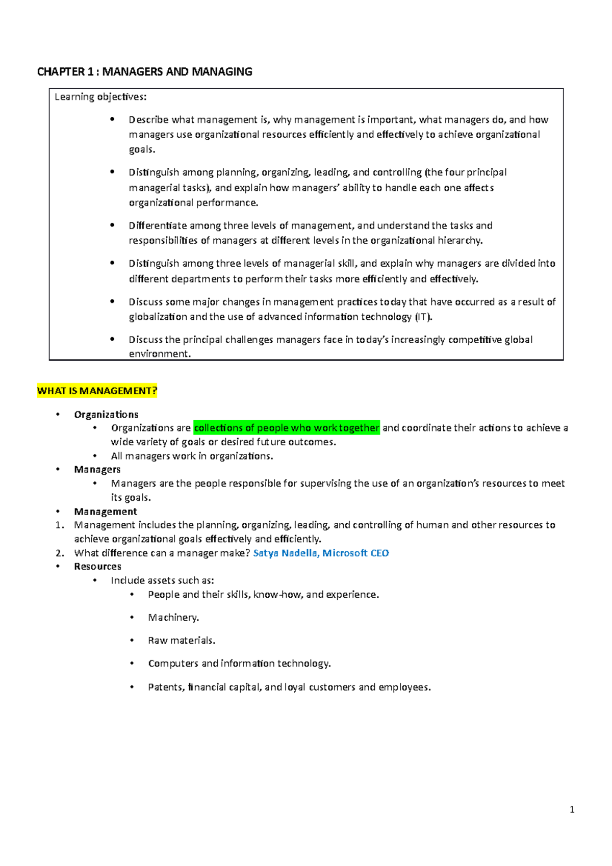 Chapter 1 notes - CHAPTER 1 : MANAGERS AND MANAGING Learning objecives ...