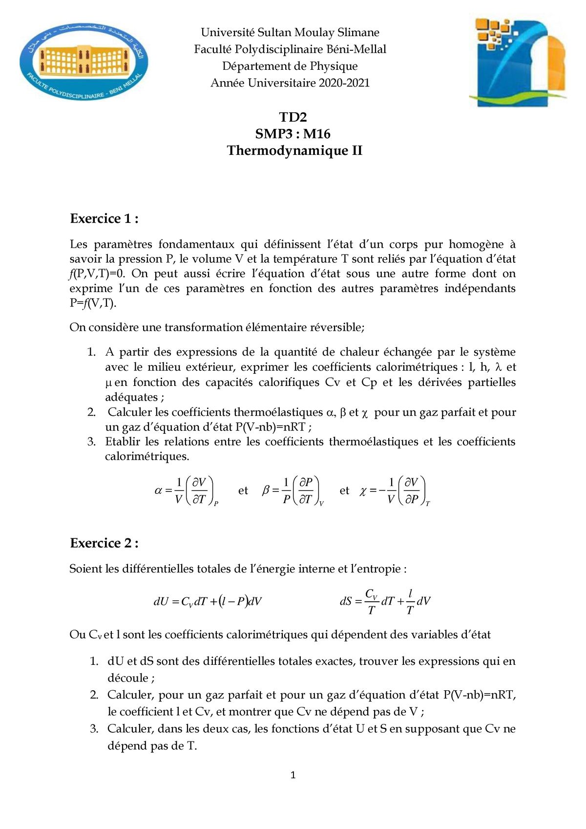 TD De Thermodynamique II 2020 - TD SMP3 : M Thermodynamique II Exercice ...