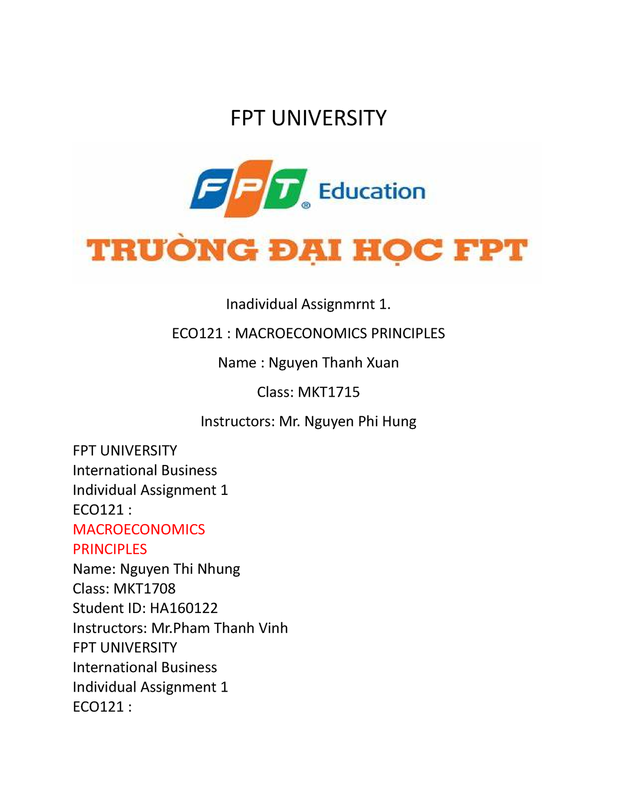 FPT - ECO121 : MACROECONOMICS PRINCIPLES Name : Nguyen Thanh Xuan Class ...