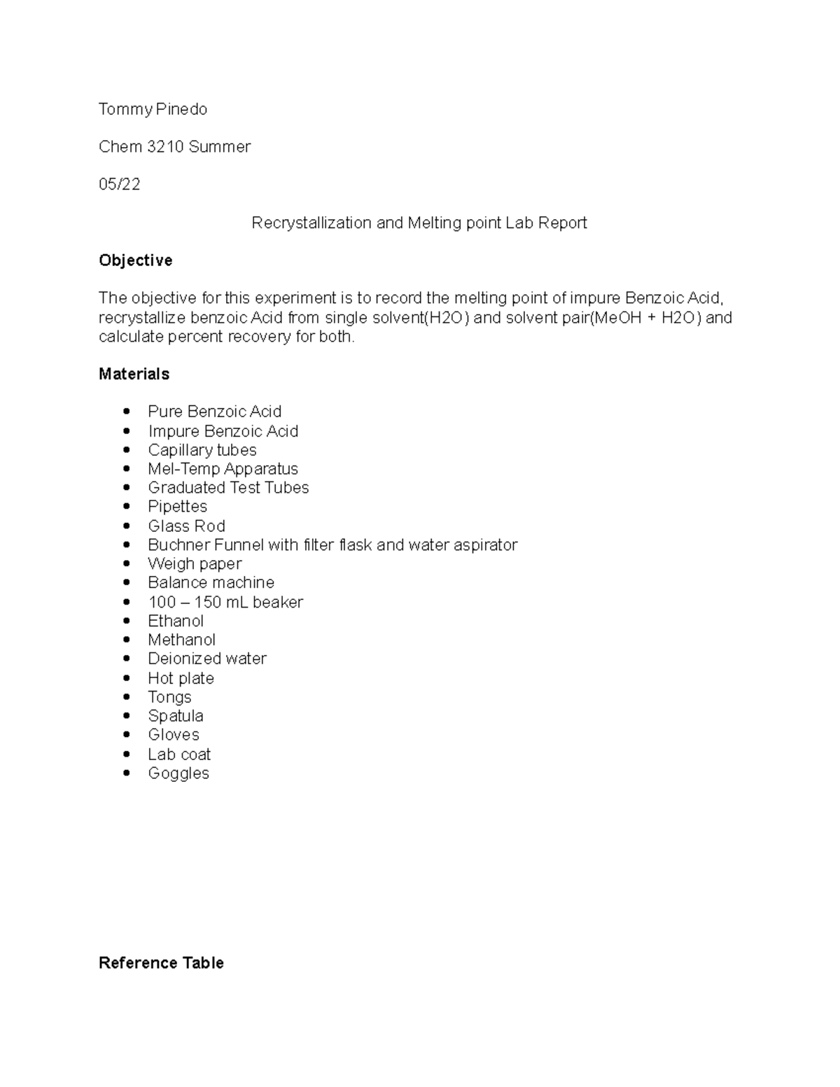 Organic chem 1 Lab Exp 1 lab report - Tommy Pinedo Chem 3210 Summer 05 ...