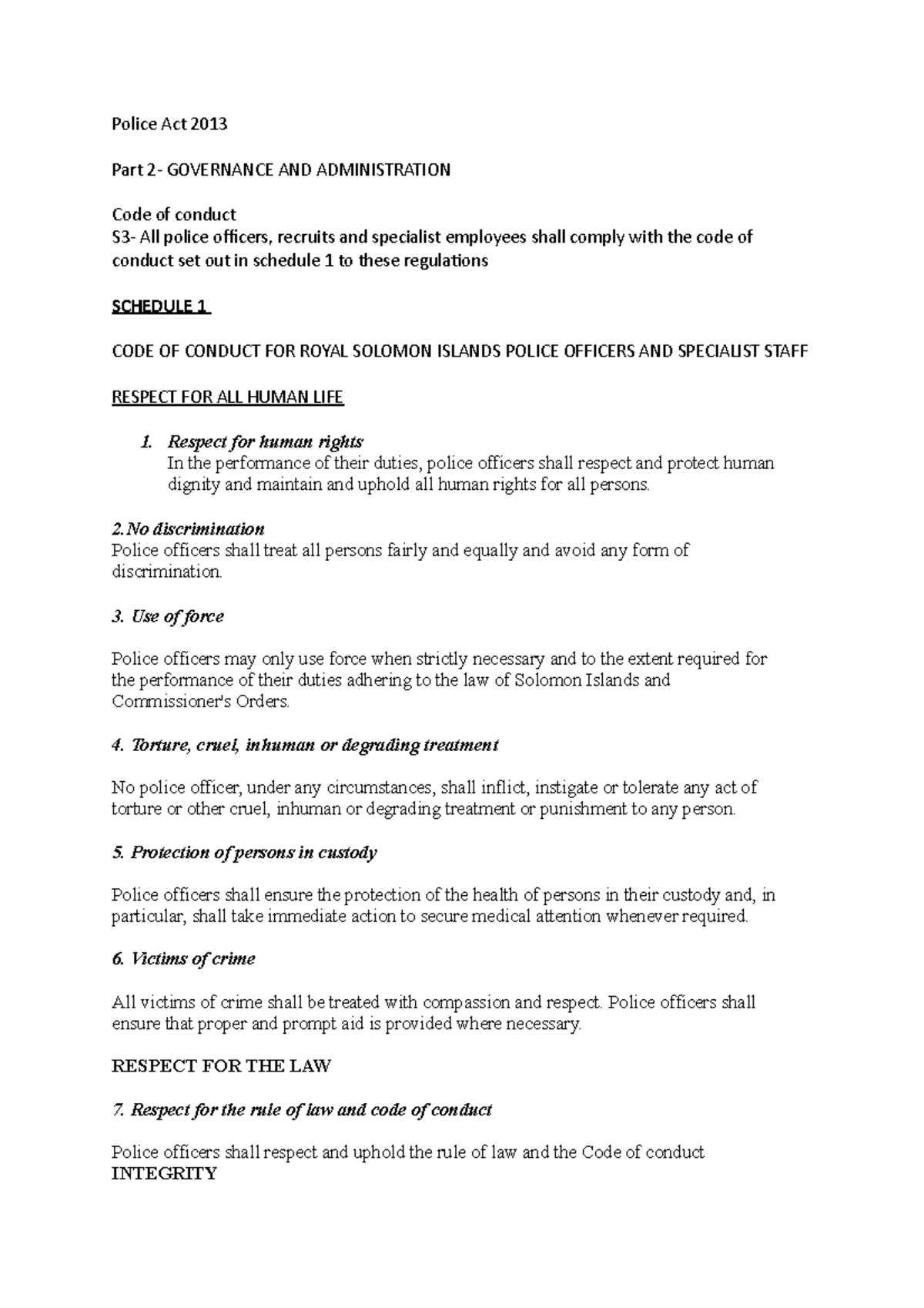 Police Act 2013 code of conduct - Police Act 2013 Part 2- GOVERNANCE ...
