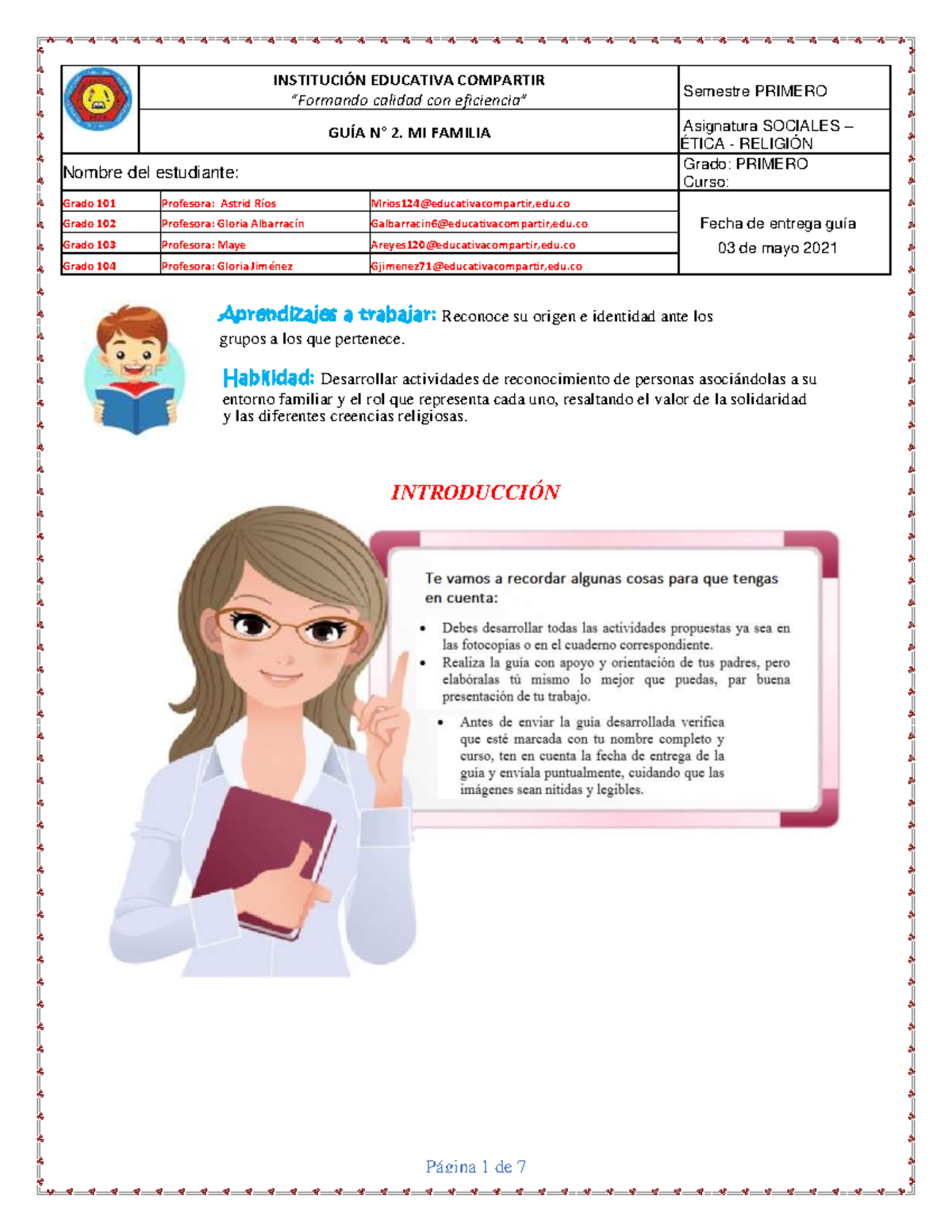 Guía N3 Sociales, Etica Y Religión - Primero - Aprendizajes A Trabajar ...