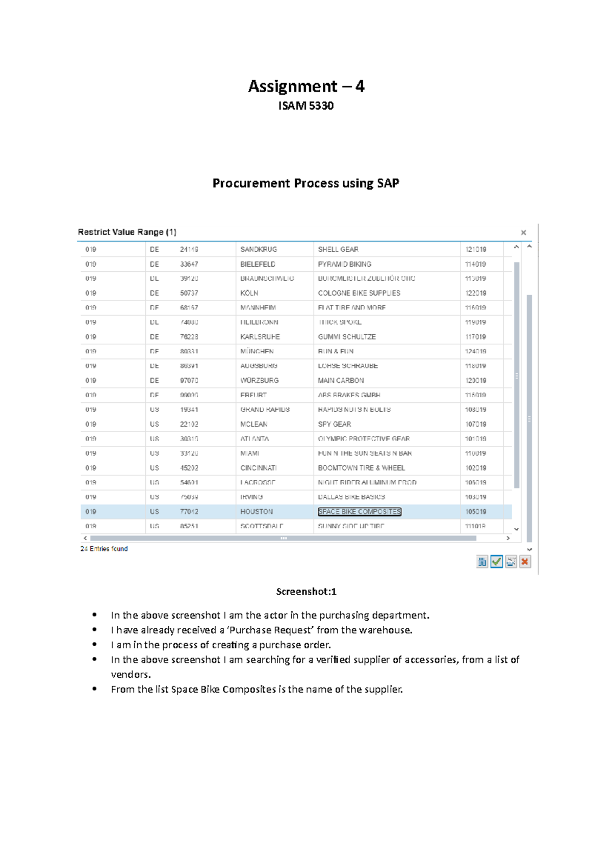 Assignment 4 - Procurement Process using SAP - Assignment – 4 ISAM 5330 ...