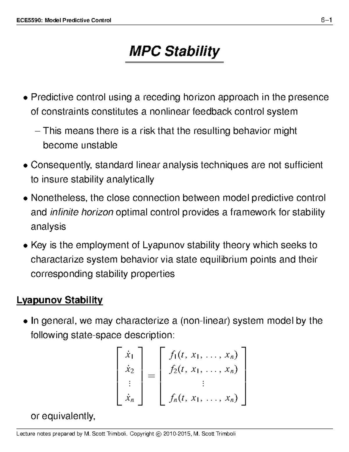 MPC Stability - 2019-2020 Lecture Notes - ECE5590: Model Predictive ...