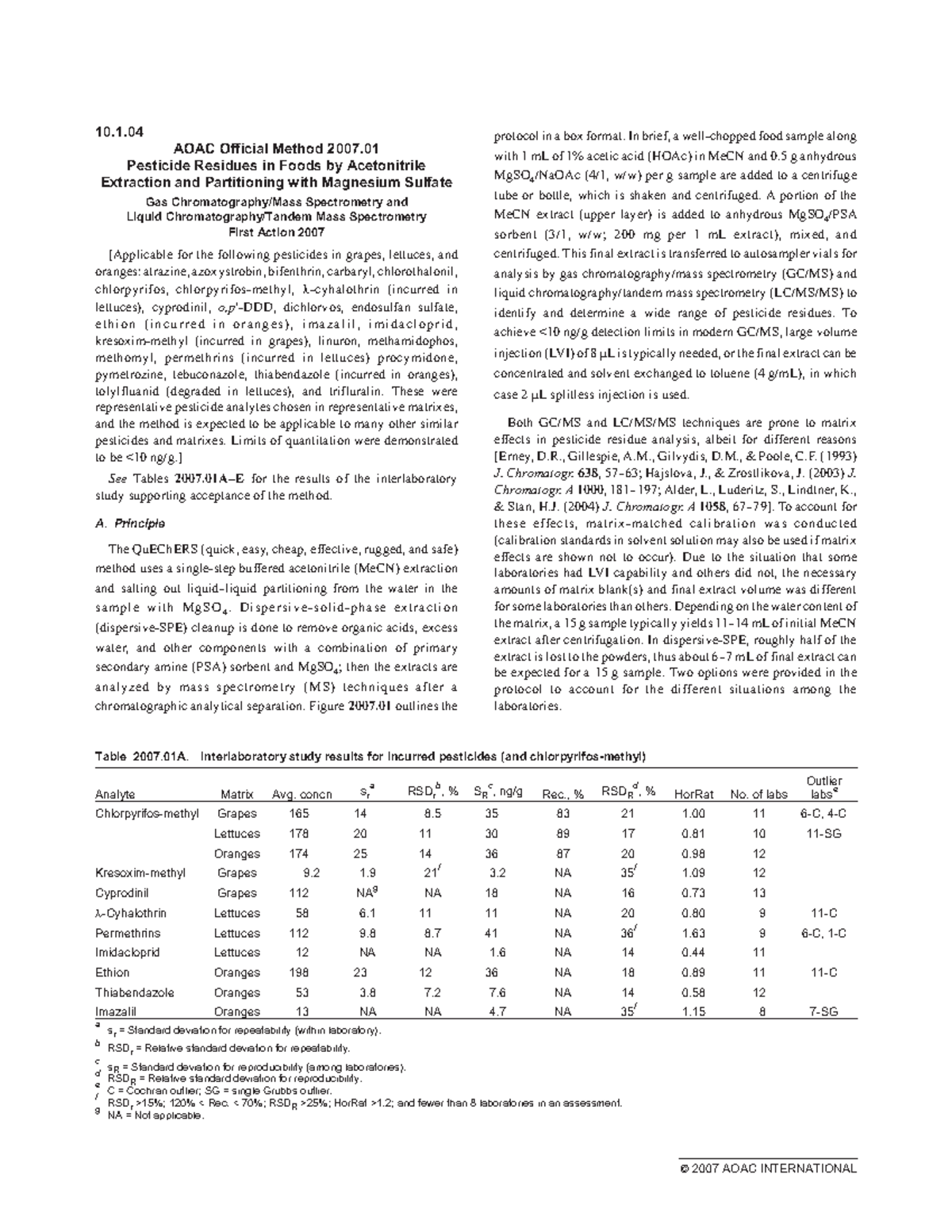 AOAC 2007 .1 Pesticide Residues in Foods by Acetonitrile Extraction and ...