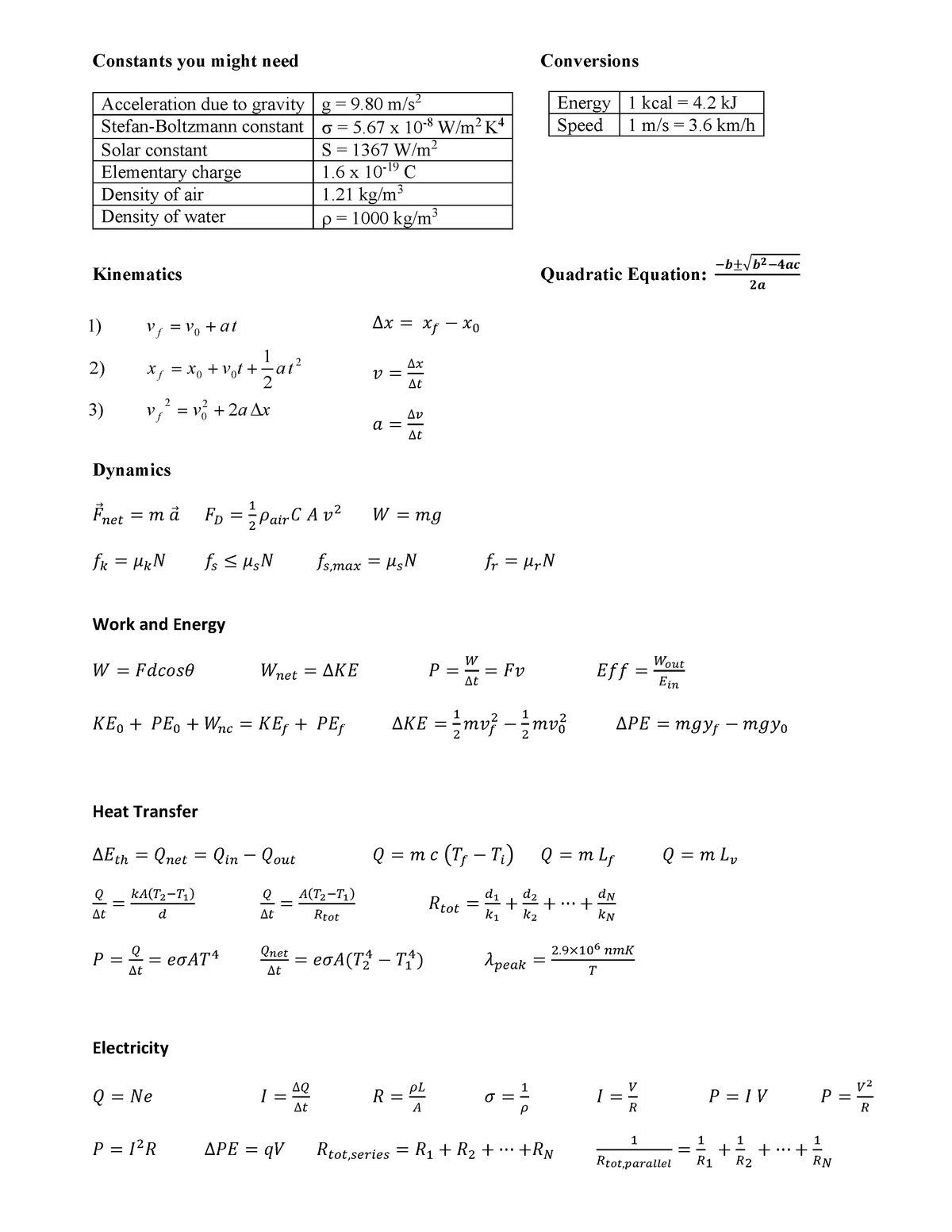 Formula Sheet - Constants you might need Conversions Acceleration due ...