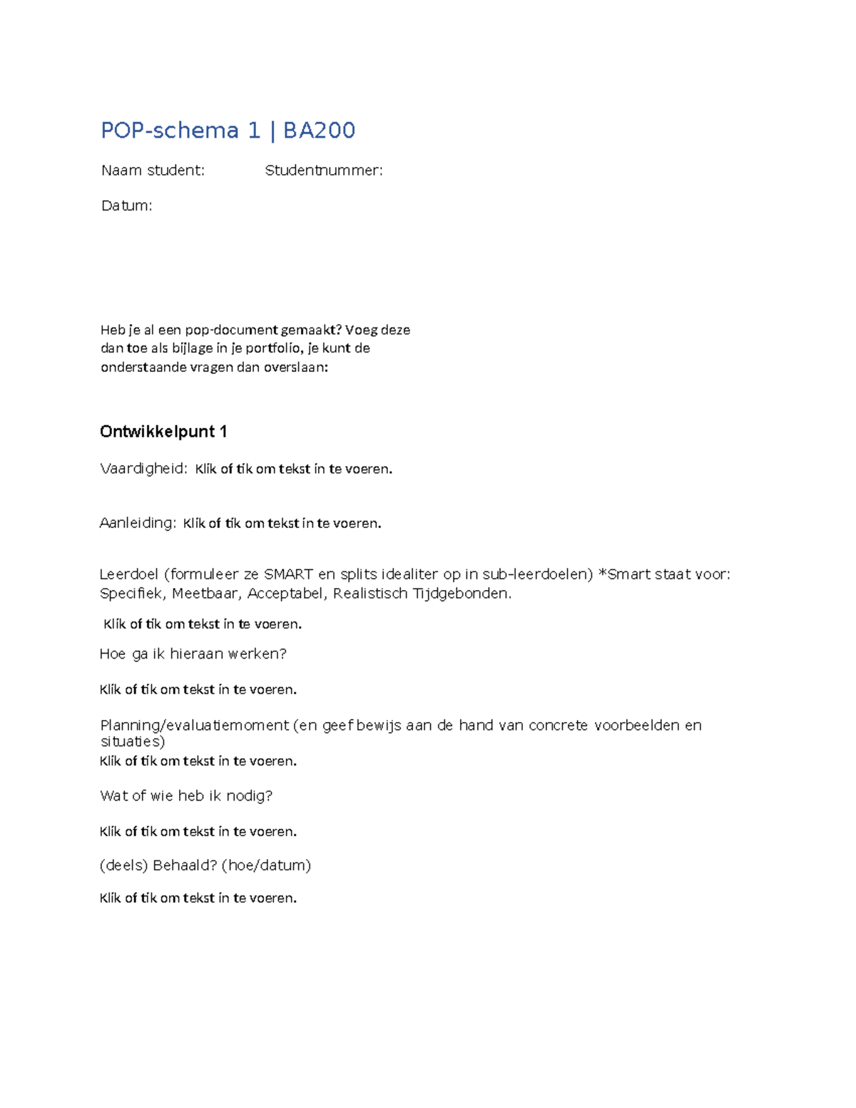 B. BA200 POP schema 1 - POP-schema 1 | BA Naam student: Studentnummer ...