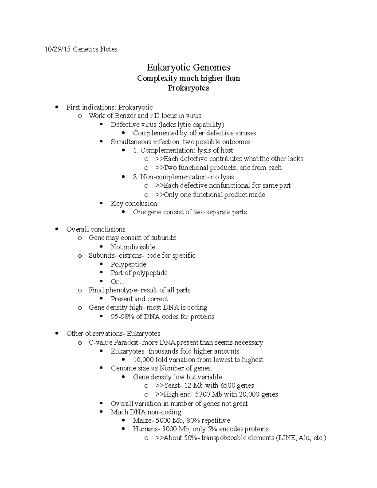 10-29-15 Genetics Exam 3 Notes - 10/29/15 Genetics Notes Eukaryotic ...